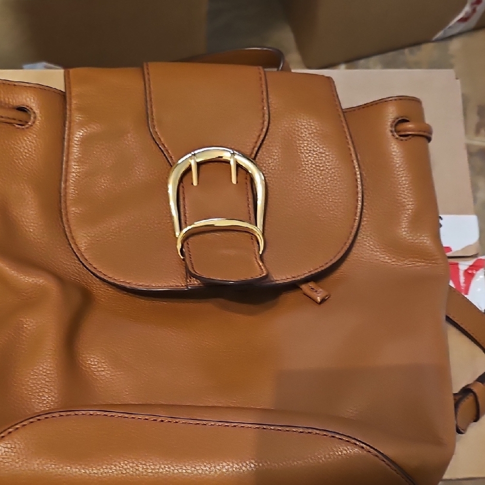 Lauren Ralph Lauren Tan Leather Backpack with Gold Hardware